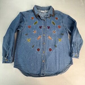 Vintage Women's Large Denim Embroidered Leaf Shirt Blue Jean Bobbie Brooks Fall